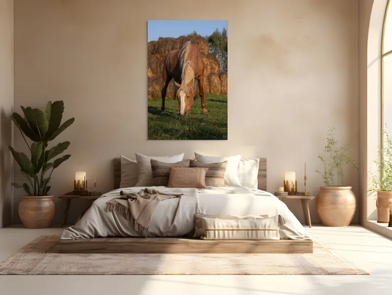 Tablou Canvas, "Cal în lumină de apus", Cal, Pășune, Fân, Verdeață, Cer, Linie, Natură, Soare, Blană., 100 x 150 cm – poza 3
