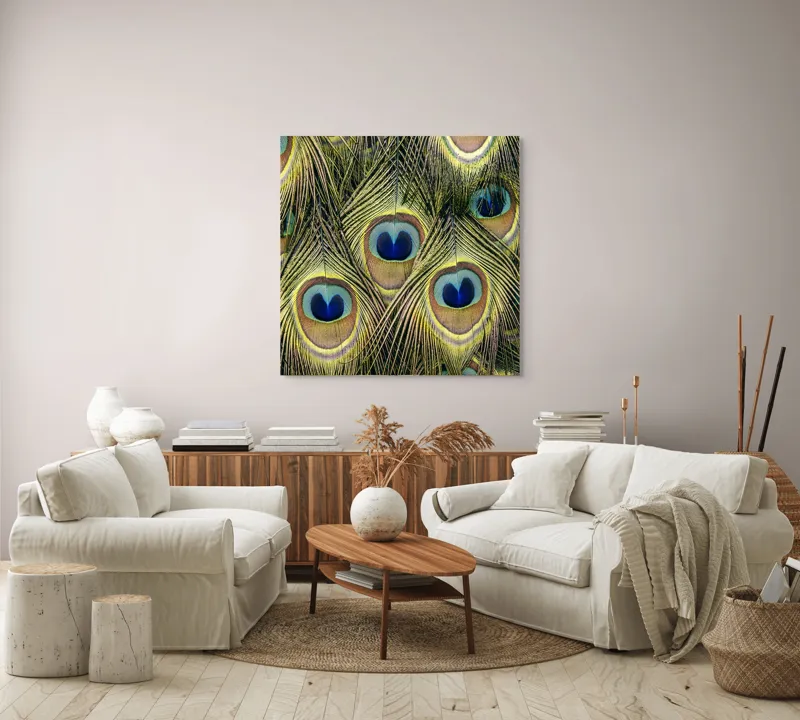 Tablou Canvas, "Mirajul culorilor de păun", Colorat, Hipnotic, Încântător, Simetric, Vibrant, Fascinant, Detaliat, Elegant, 100 x 100 cm – poza 3