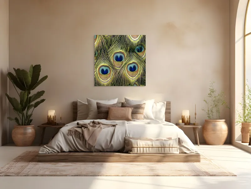 Tablou Canvas, "Mirajul culorilor de păun", Colorat, Hipnotic, Încântător, Simetric, Vibrant, Fascinant, Detaliat, Elegant, 100 x 100 cm – poza 4