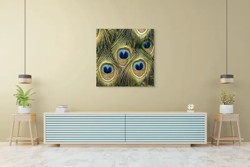 Tablou Canvas, "Mirajul culorilor de păun", Colorat, Hipnotic, Încântător, Simetric, Vibrant, Fascinant, Detaliat, Elegant, 100 x 100 cm – poza 5