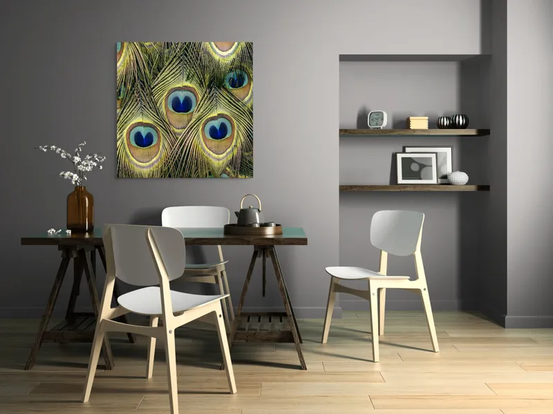 Tablou Canvas, "Mirajul culorilor de păun", Colorat, Hipnotic, Încântător, Simetric, Vibrant, Fascinant, Detaliat, Elegant, 100 x 100 cm – poza 6
