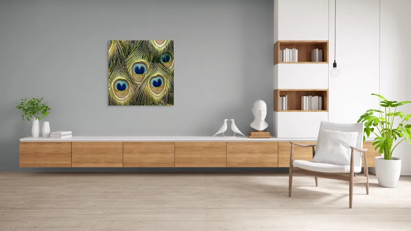 Tablou Canvas, "Mirajul culorilor de păun", Colorat, Hipnotic, Încântător, Simetric, Vibrant, Fascinant, Detaliat, Elegant, 100 x 100 cm – poza 8