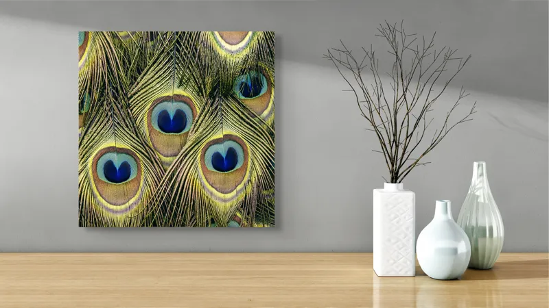 Tablou Canvas, "Mirajul culorilor de păun", Colorat, Hipnotic, Încântător, Simetric, Vibrant, Fascinant, Detaliat, Elegant, 50 x 50 cm – poza 3