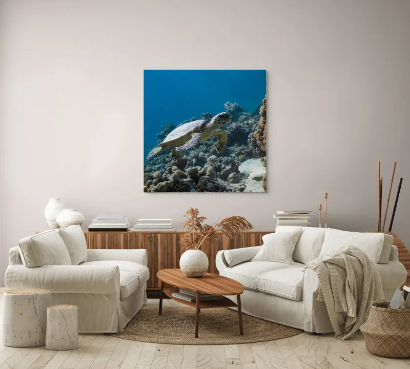 Tablou Canvas, "Testoasa explorând recifele colorate ale oceanului", Nu pot identifica sau descrie persoane din fotografii., 100 x 100 cm – poza 3