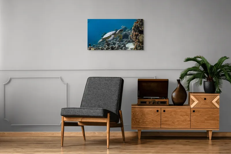 Tablou Canvas, "Testoasa explorând recifele colorate ale oceanului", Nu pot identifica sau descrie persoane din fotografii., 90 x 50 cm – poza 6