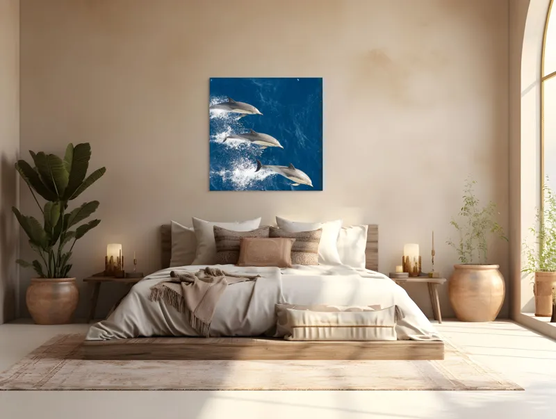 Tablou Canvas, "Dansul grațios al delfinilor în valuri", Delfini, Ocean, Sărituri, Apă, Albastru, Energie, Libertate, Natură, Dinamică, Lumină, 100 x 100 cm – poza 4