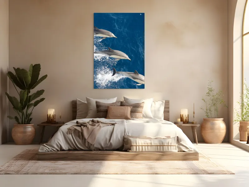Tablou Canvas, "Dansul grațios al delfinilor în valuri", Delfini, Ocean, Sărituri, Apă, Albastru, Energie, Libertate, Natură, Dinamică, Lumină, 100 x 150 cm – poza 3