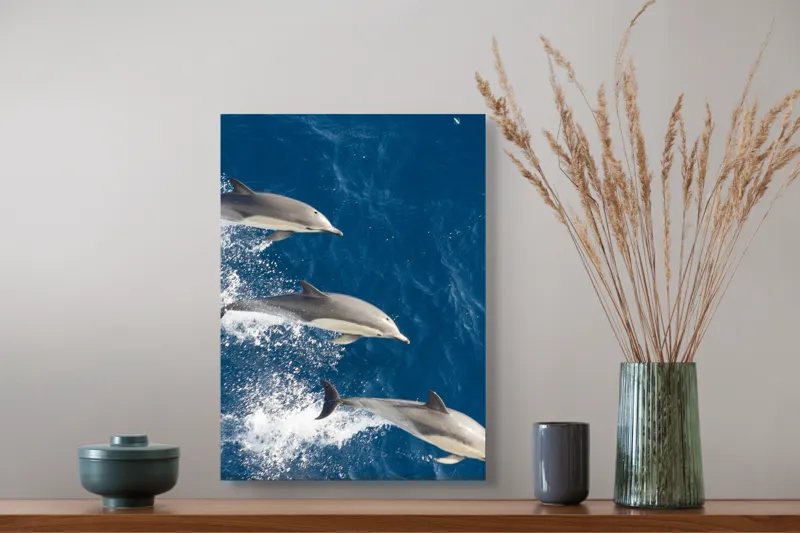 Tablou Canvas, "Dansul grațios al delfinilor în valuri", Delfini, Ocean, Sărituri, Apă, Albastru, Energie, Libertate, Natură, Dinamică, Lumină, 39 x 54 cm – poza 3