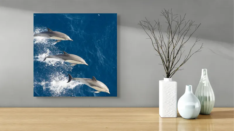 Tablou Canvas, "Dansul grațios al delfinilor în valuri", Delfini, Ocean, Sărituri, Apă, Albastru, Energie, Libertate, Natură, Dinamică, Lumină, 50 x 50 cm – poza 3