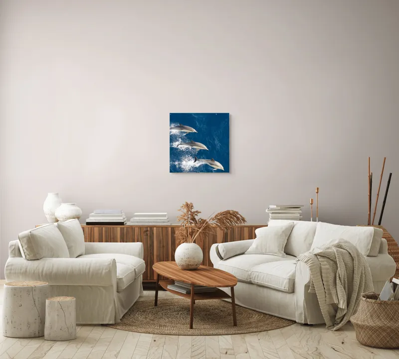 Tablou Canvas, "Dansul grațios al delfinilor în valuri", Delfini, Ocean, Sărituri, Apă, Albastru, Energie, Libertate, Natură, Dinamică, Lumină, 50 x 50 cm – poza 7