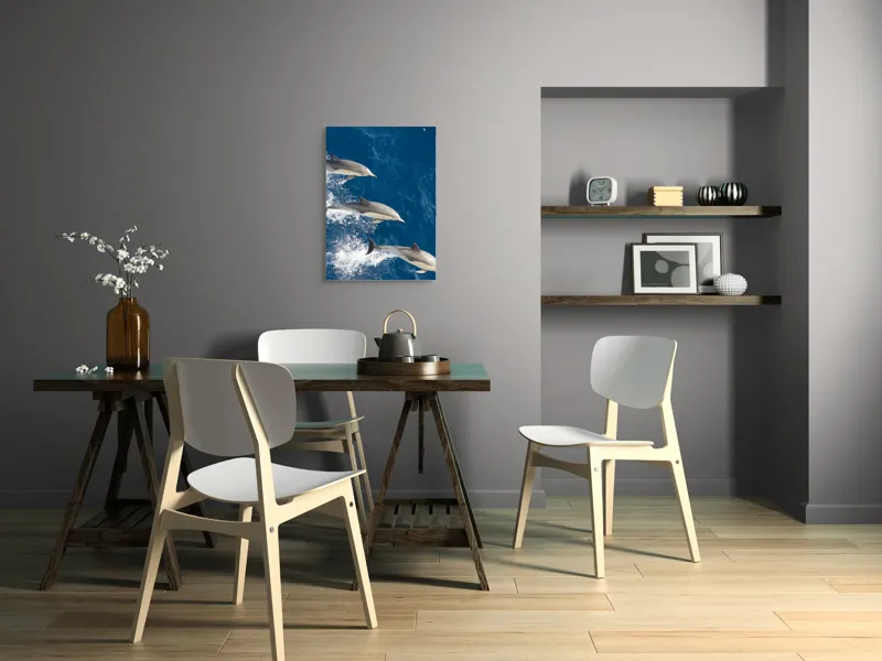 Tablou Canvas, "Dansul grațios al delfinilor în valuri", Delfini, Ocean, Sărituri, Apă, Albastru, Energie, Libertate, Natură, Dinamică, Lumină, 50 x 70 cm – poza 5