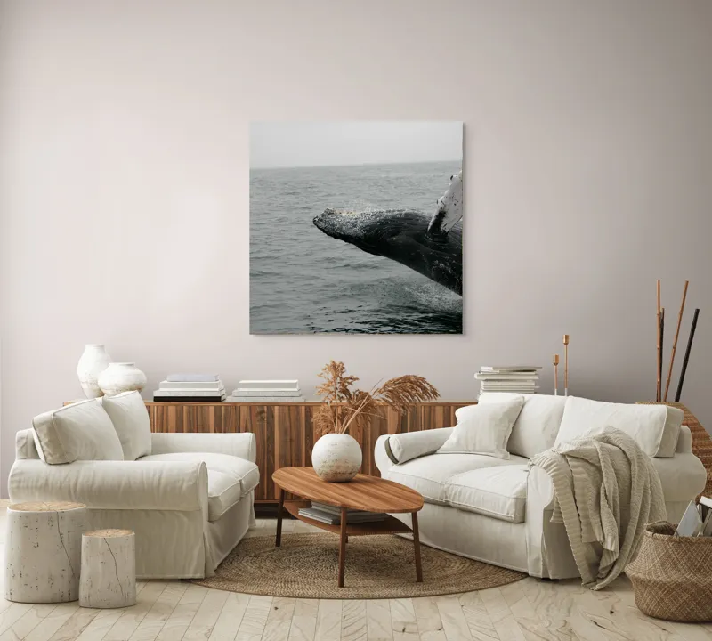 Tablou Canvas, "Dansul grandios al balenei în valuri", Balena, Ocean, Valuri, Apă, Cer, Aripioară, Natură, Salt, Măreție, 100 x 100 cm – poza 3