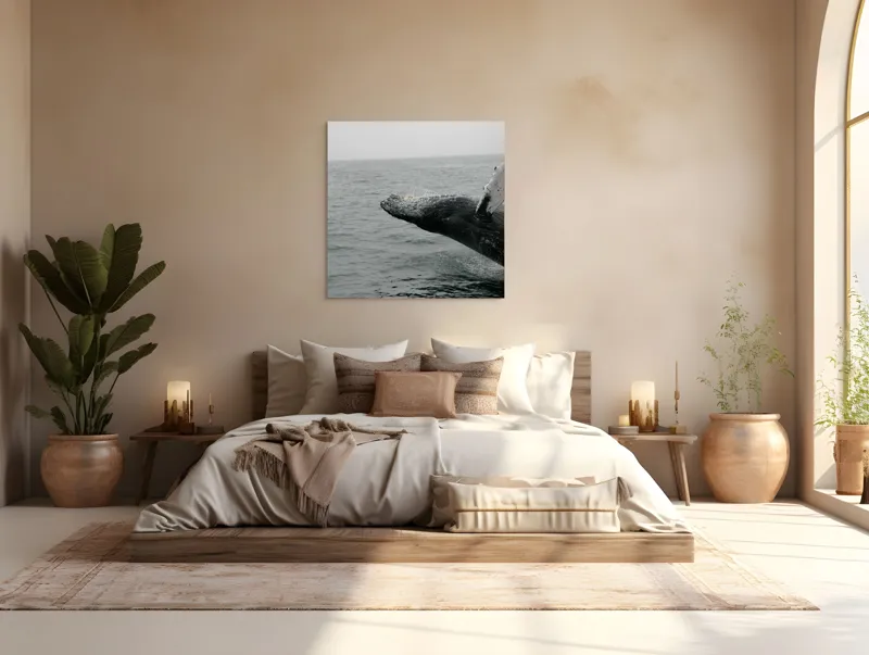 Tablou Canvas, "Dansul grandios al balenei în valuri", Balena, Ocean, Valuri, Apă, Cer, Aripioară, Natură, Salt, Măreție, 100 x 100 cm – poza 4