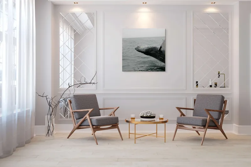 Tablou Canvas, "Dansul grandios al balenei în valuri", Balena, Ocean, Valuri, Apă, Cer, Aripioară, Natură, Salt, Măreție, 100 x 100 cm – poza 7