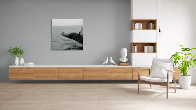 Tablou Canvas, "Dansul grandios al balenei în valuri", Balena, Ocean, Valuri, Apă, Cer, Aripioară, Natură, Salt, Măreție, 100 x 100 cm – poza 8
