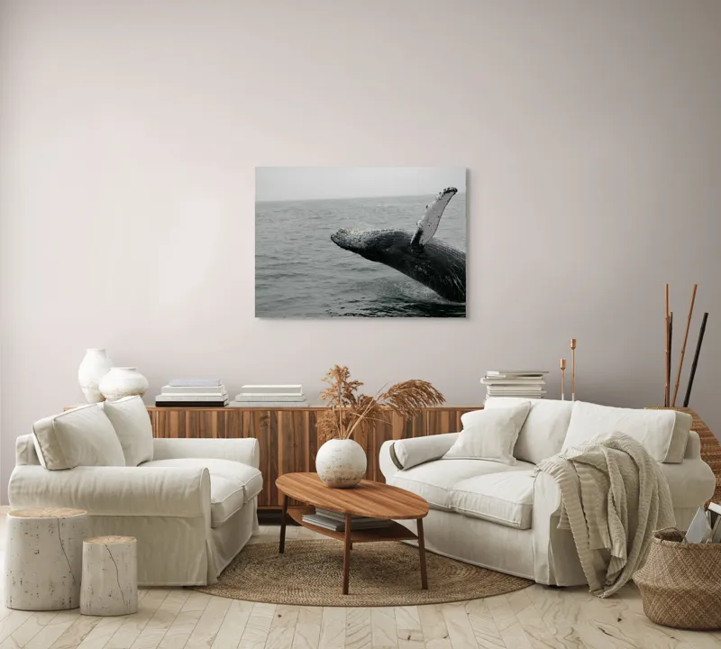 Tablou Canvas, "Dansul grandios al balenei în valuri", Balena, Ocean, Valuri, Apă, Cer, Aripioară, Natură, Salt, Măreție, 100 x 70 cm – poza 3