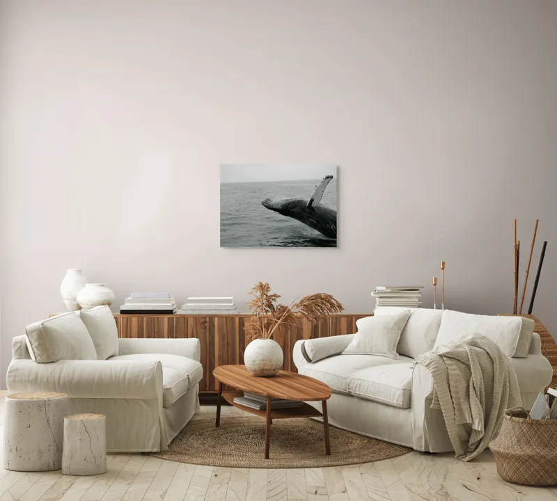 Tablou Canvas, "Dansul grandios al balenei în valuri", Balena, Ocean, Valuri, Apă, Cer, Aripioară, Natură, Salt, Măreție, 70 x 50 cm – poza 6