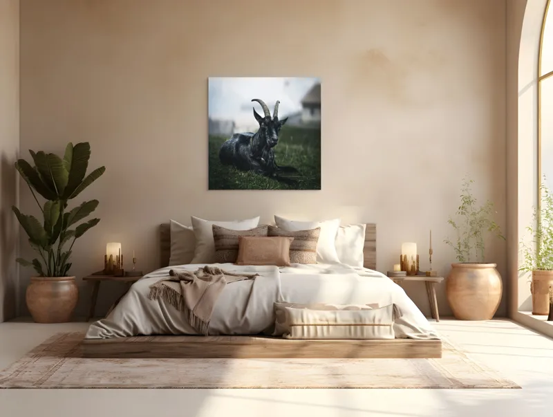 Tablou Canvas, "Capra neagră pe pajiștea alpină", Capră, Cornuri, Blană, Verdeață, Cer, Relaxare, Natură, Rurale, 100 x 100 cm – poza 4