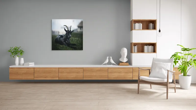 Tablou Canvas, "Capra neagră pe pajiștea alpină", Capră, Cornuri, Blană, Verdeață, Cer, Relaxare, Natură, Rurale, 100 x 100 cm – poza 8