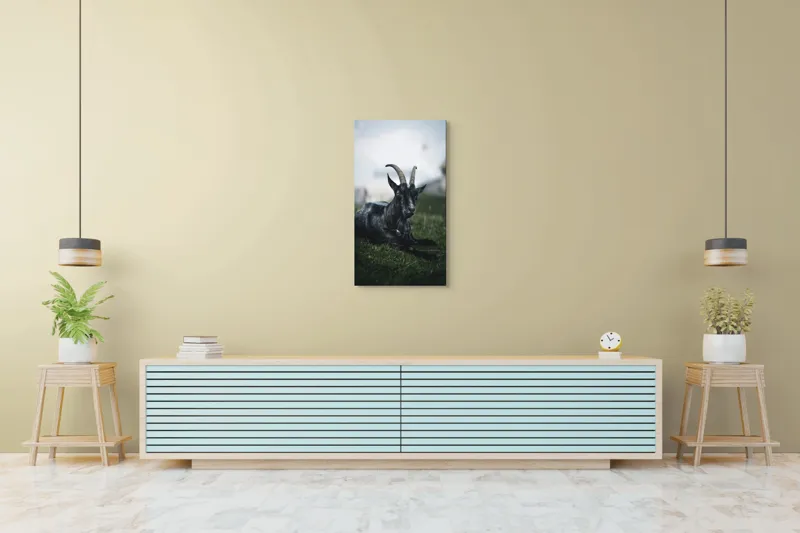 Tablou Canvas, "Capra neagră pe pajiștea alpină", Capră, Cornuri, Blană, Verdeață, Cer, Relaxare, Natură, Rurale, 50 x 90 cm – poza 6