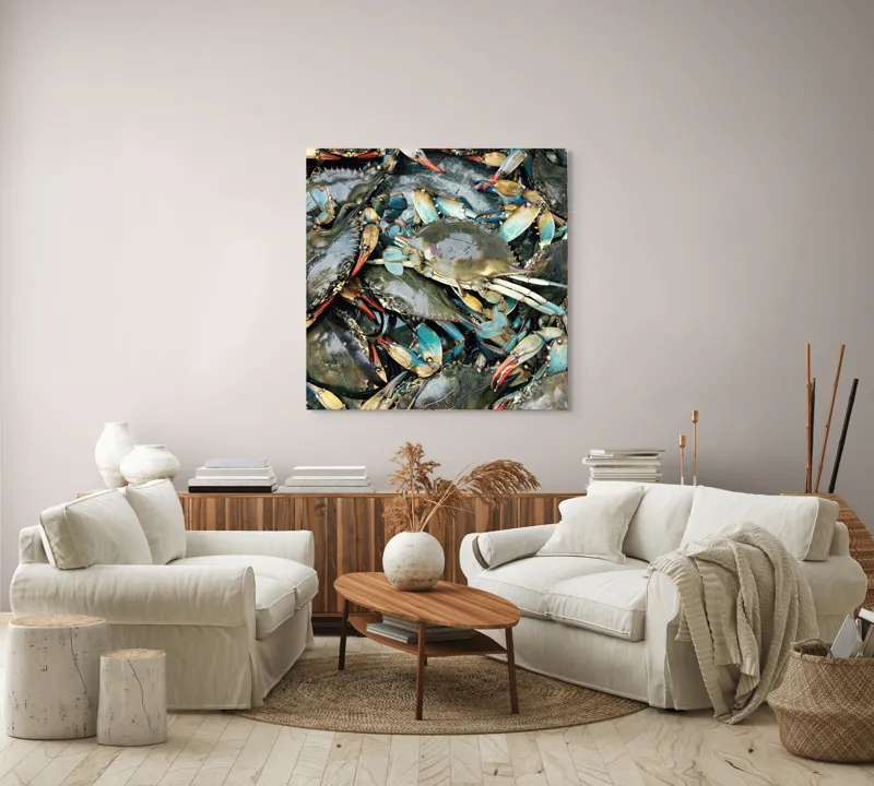 Tablou Canvas, "Colonie de crabi albastri capturată", Crabi, Acvatici, Multicolori, Gheare, Natura, Ocean, Texturi, Carapace, Marin, Adunare, Sclipitor, Albastru, Verde, Rosu, 100 x 100 cm – poza 3
