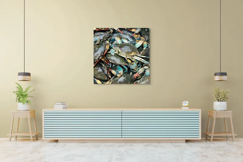 Tablou Canvas, "Colonie de crabi albastri capturată", Crabi, Acvatici, Multicolori, Gheare, Natura, Ocean, Texturi, Carapace, Marin, Adunare, Sclipitor, Albastru, Verde, Rosu, 100 x 100 cm – poza 5