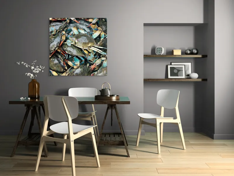 Tablou Canvas, "Colonie de crabi albastri capturată", Crabi, Acvatici, Multicolori, Gheare, Natura, Ocean, Texturi, Carapace, Marin, Adunare, Sclipitor, Albastru, Verde, Rosu, 100 x 100 cm – poza 6
