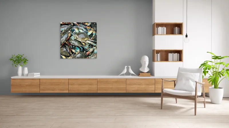 Tablou Canvas, "Colonie de crabi albastri capturată", Crabi, Acvatici, Multicolori, Gheare, Natura, Ocean, Texturi, Carapace, Marin, Adunare, Sclipitor, Albastru, Verde, Rosu, 100 x 100 cm – poza 8