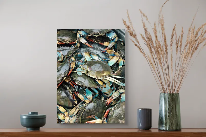 Tablou Canvas, "Colonie de crabi albastri capturată", Crabi, Acvatici, Multicolori, Gheare, Natura, Ocean, Texturi, Carapace, Marin, Adunare, Sclipitor, Albastru, Verde, Rosu, 39 x 54 cm – poza 3
