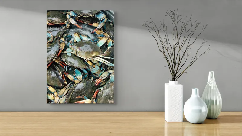 Tablou Canvas, "Colonie de crabi albastri capturată", Crabi, Acvatici, Multicolori, Gheare, Natura, Ocean, Texturi, Carapace, Marin, Adunare, Sclipitor, Albastru, Verde, Rosu, 39 x 54 cm – poza 4
