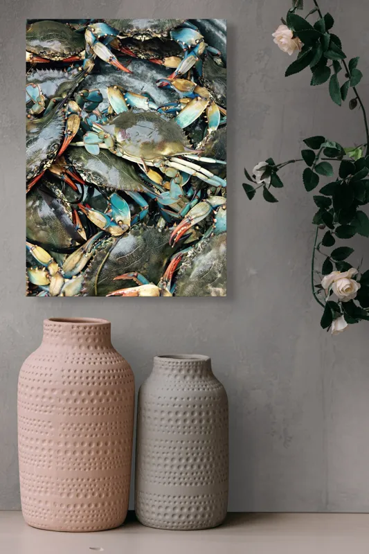 Tablou Canvas, "Colonie de crabi albastri capturată", Crabi, Acvatici, Multicolori, Gheare, Natura, Ocean, Texturi, Carapace, Marin, Adunare, Sclipitor, Albastru, Verde, Rosu, 39 x 54 cm – poza 6