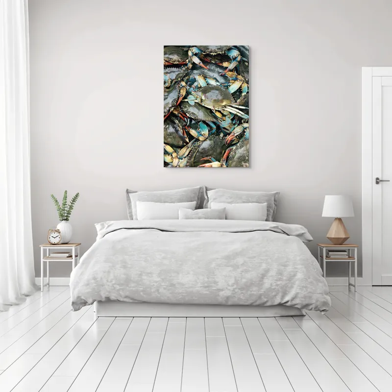 Tablou Canvas, "Colonie de crabi albastri capturată", Crabi, Acvatici, Multicolori, Gheare, Natura, Ocean, Texturi, Carapace, Marin, Adunare, Sclipitor, Albastru, Verde, Rosu, 70 x 100 cm – poza 3