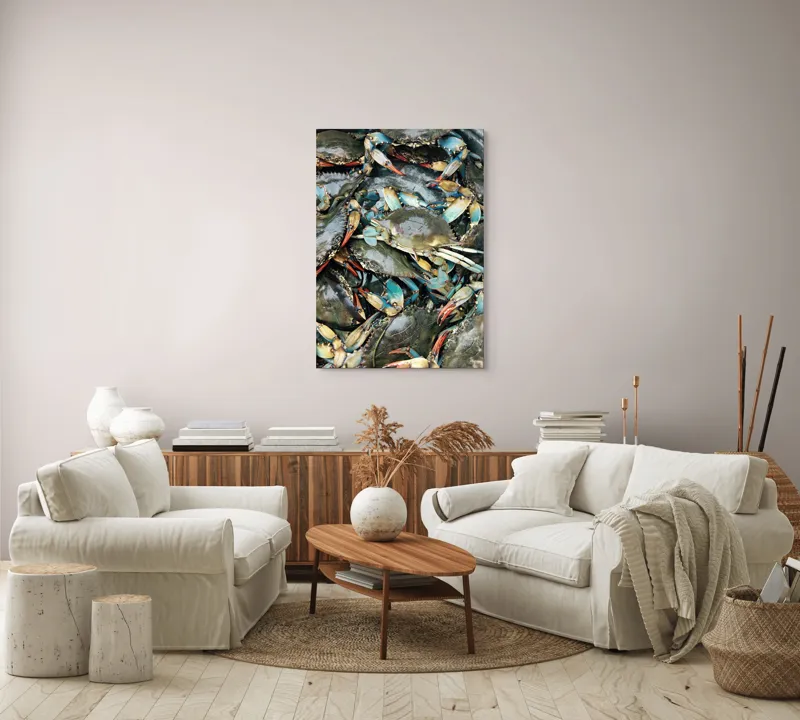 Tablou Canvas, "Colonie de crabi albastri capturată", Crabi, Acvatici, Multicolori, Gheare, Natura, Ocean, Texturi, Carapace, Marin, Adunare, Sclipitor, Albastru, Verde, Rosu, 70 x 100 cm – poza 4
