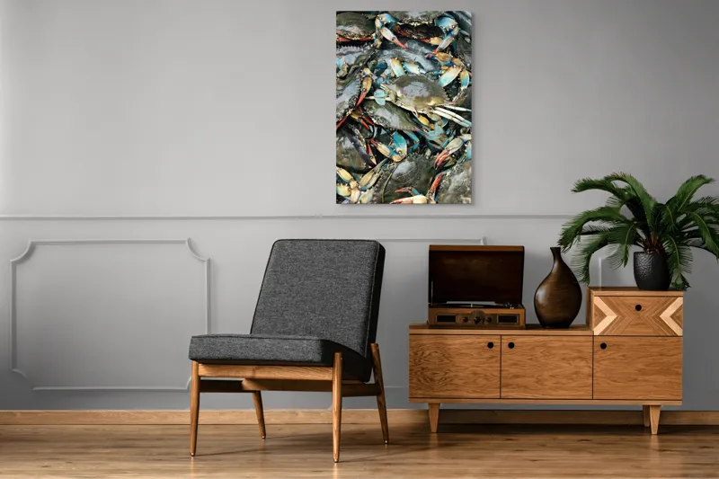 Tablou Canvas, "Colonie de crabi albastri capturată", Crabi, Acvatici, Multicolori, Gheare, Natura, Ocean, Texturi, Carapace, Marin, Adunare, Sclipitor, Albastru, Verde, Rosu, 70 x 100 cm – poza 6