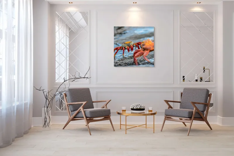 Tablou Canvas, "Dansul crabilor pe stânci umede", Crabi, Stâncă, Apă, Picioare, Carapace, Textură, Natură, Ocean, 100 x 100 cm – poza 7