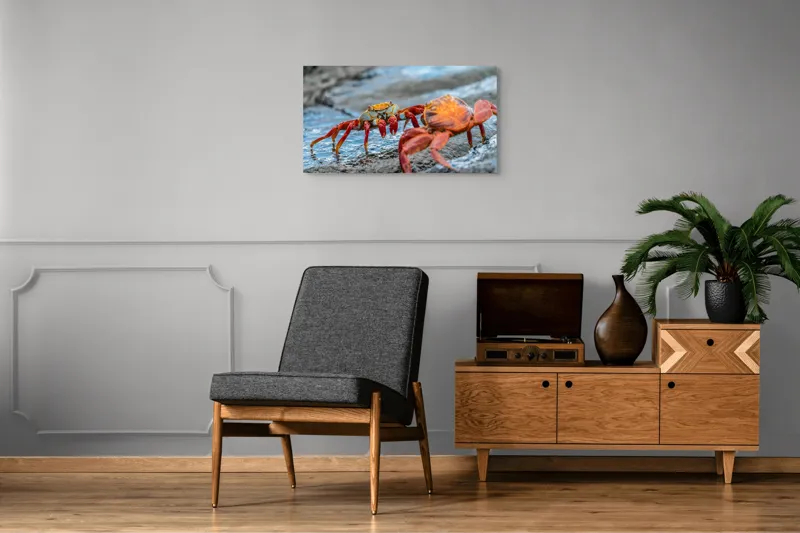 Tablou Canvas, "Dansul crabilor pe stânci umede", Crabi, Stâncă, Apă, Picioare, Carapace, Textură, Natură, Ocean, 90 x 50 cm – poza 6
