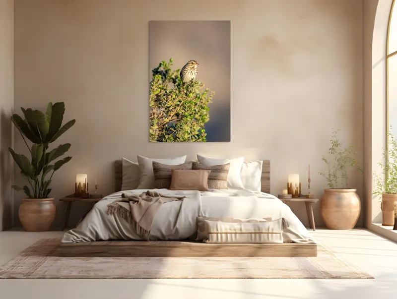 Tablou Canvas, "Pasărea pe crenguța însorită", Pasăre, Ramură, Verdeață, Cer, Natură, Penaj, Soare, Linie, Detaliu, Contrast, 100 x 150 cm – poza 3