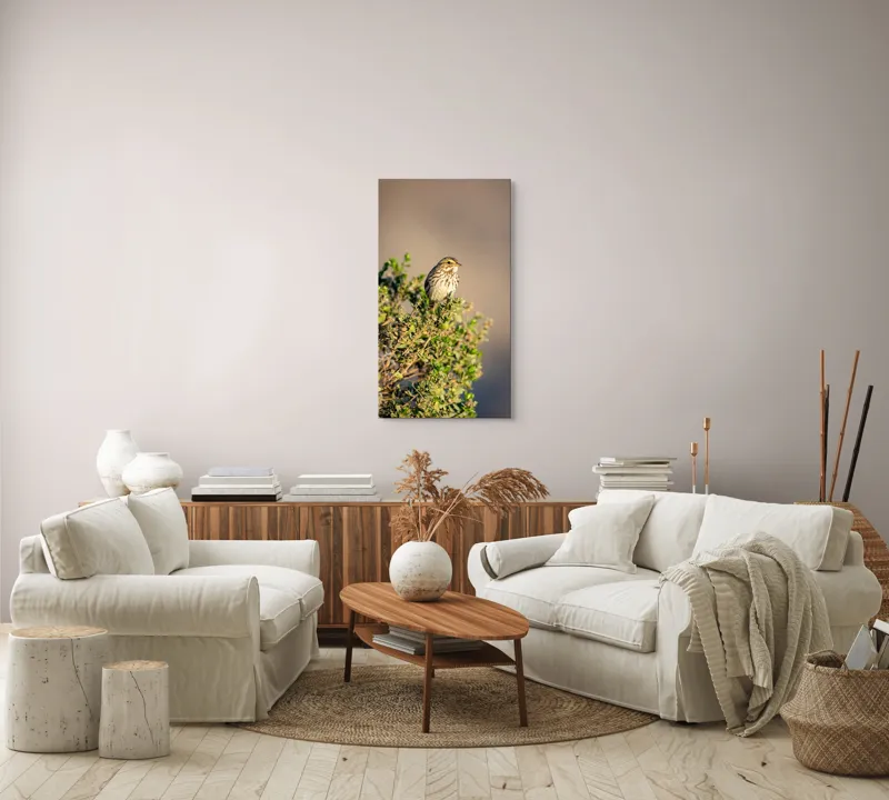 Tablou Canvas, "Pasărea pe crenguța însorită", Pasăre, Ramură, Verdeață, Cer, Natură, Penaj, Soare, Linie, Detaliu, Contrast, 50 x 90 cm – poza 7