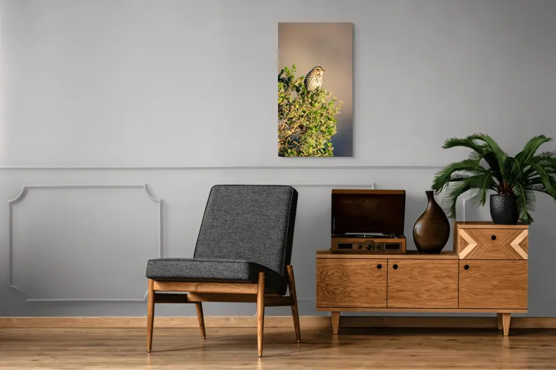 Tablou Canvas, "Pasărea pe crenguța însorită", Pasăre, Ramură, Verdeață, Cer, Natură, Penaj, Soare, Linie, Detaliu, Contrast, 50 x 90 cm – poza 8