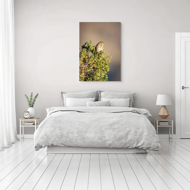 Tablou Canvas, "Pasărea pe crenguța însorită", Pasăre, Ramură, Verdeață, Cer, Natură, Penaj, Soare, Linie, Detaliu, Contrast, 70 x 100 cm – poza 3