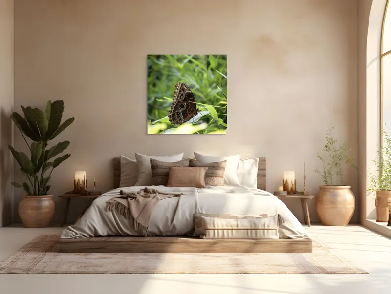 Tablou Canvas, "Fluture în reflexii de lumină verde", Fluture, Aripi, Natură, Verde, Frunze, Detaliu, Fragilitate, Eleganță, Lumină, 100 x 100 cm – poza 4
