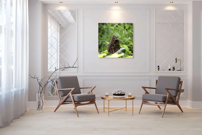 Tablou Canvas, "Fluture în reflexii de lumină verde", Fluture, Aripi, Natură, Verde, Frunze, Detaliu, Fragilitate, Eleganță, Lumină, 100 x 100 cm – poza 7