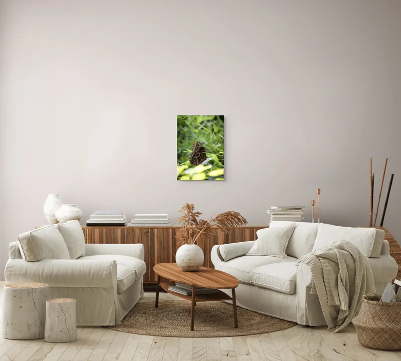 Tablou Canvas, "Fluture în reflexii de lumină verde", Fluture, Aripi, Natură, Verde, Frunze, Detaliu, Fragilitate, Eleganță, Lumină, 39 x 54 cm – poza 5