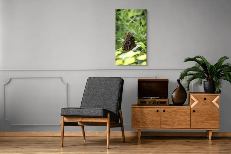 Tablou Canvas, "Fluture în reflexii de lumină verde", Fluture, Aripi, Natură, Verde, Frunze, Detaliu, Fragilitate, Eleganță, Lumină, 50 x 90 cm – poza 8