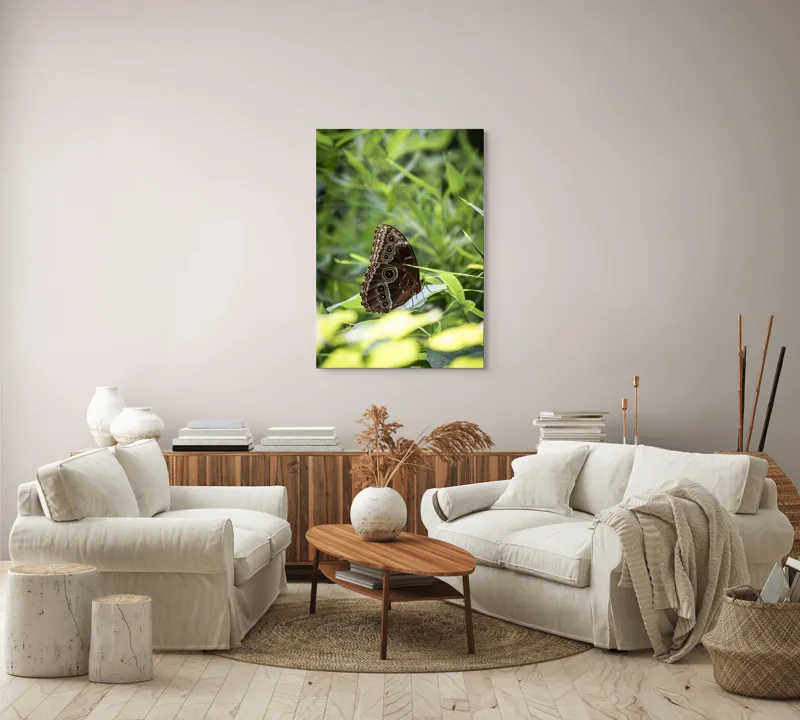 Tablou Canvas, "Fluture în reflexii de lumină verde", Fluture, Aripi, Natură, Verde, Frunze, Detaliu, Fragilitate, Eleganță, Lumină, 70 x 100 cm – poza 4