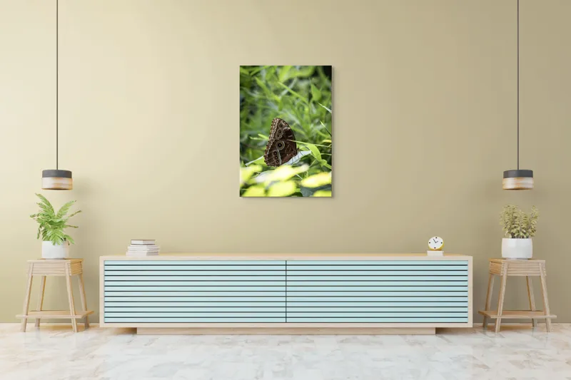 Tablou Canvas, "Fluture în reflexii de lumină verde", Fluture, Aripi, Natură, Verde, Frunze, Detaliu, Fragilitate, Eleganță, Lumină, 70 x 100 cm – poza 5