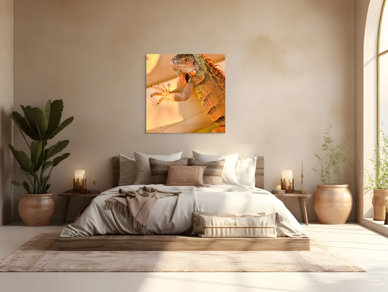 Tablou Canvas, "Iguana odihnindu-se la soare", Iguana, Texturi, Culori, Solzi, Privește, Detaliu, Relaxare, Scurt Moment, 100 x 100 cm – poza 4