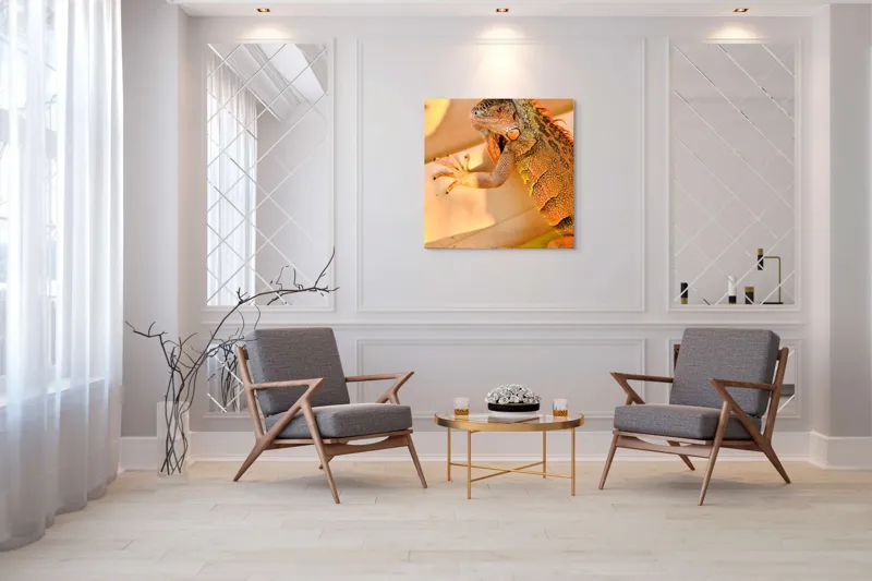 Tablou Canvas, "Iguana odihnindu-se la soare", Iguana, Texturi, Culori, Solzi, Privește, Detaliu, Relaxare, Scurt Moment, 100 x 100 cm – poza 7