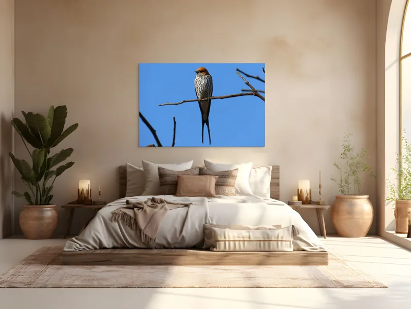 Tablou Canvas, "Rândunică mândră pe cerul albastru", Păsare, Ramură, Cer, Penaj, Natură, Frumusețe, Liniște, 150 x 100 cm – poza 4