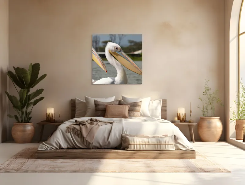 Tablou Canvas, "Pelicani la malul apei", Nu pot spune cine sunt în imagine, dar sunt doi pelicani albi cu ciocuri proeminente, aflați lângă o apă., 100 x 100 cm – poza 4